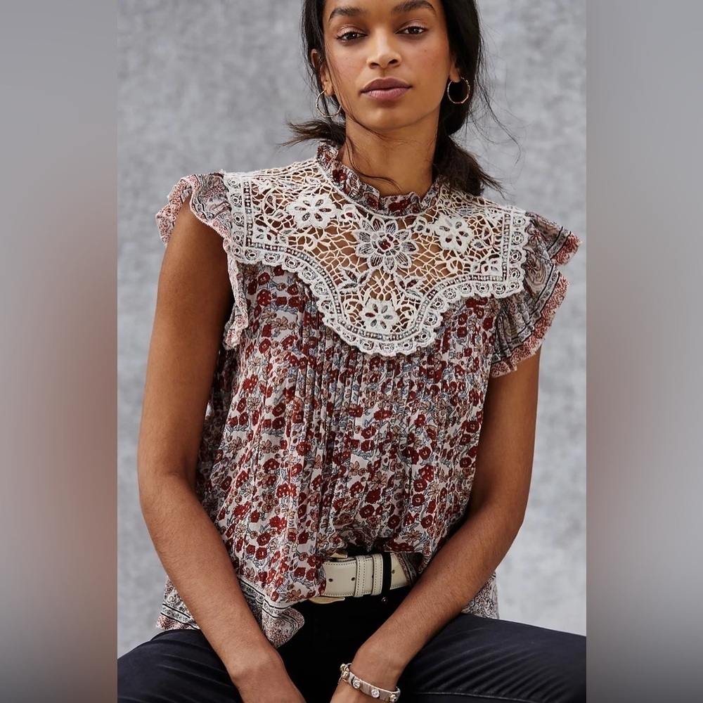 Anthropologie Othilia Malia Lace Blouse Ditsy Floral Lace Flutter Pleated XS